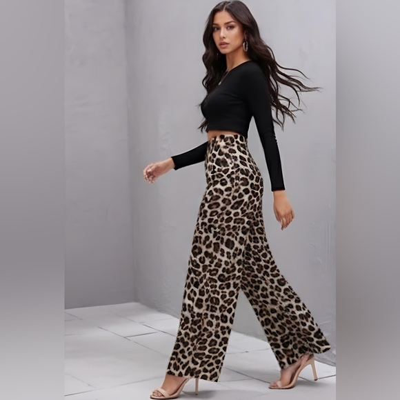 Pants - High Waist Leopard Wide Leg Pants